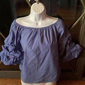 Zara Women's Xs Dressy Shirt  Blue Stripe Puff sleeve Ruffle 3/4 Sleeve